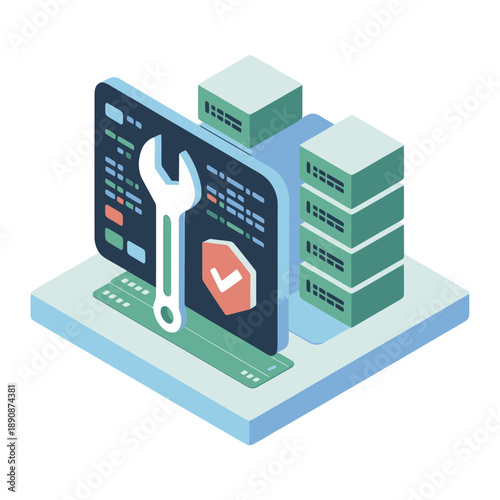 System maintenance event, isometric service dashboard with wrench icon, error log cards, status reports, troubleshooting session, operations monitoring vector