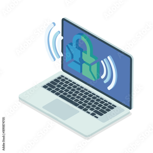 Remote work security workshop, laptop with user profile and broadcast waves, secure login session graphic, isometric cybersecurity vector illustration