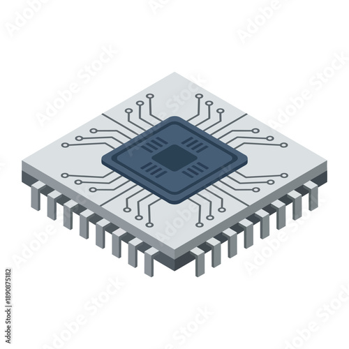 Hardware design bootcamp, microprocessor socket illustration, metal pins, schematic view, breakout session materials, isometric engineering vector, lab graphic kit
