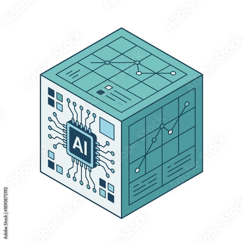 Data science expo cube, ai microchip sides, grid panels, training session branding, analytics bootcamp poster, isometric tech vector illustration