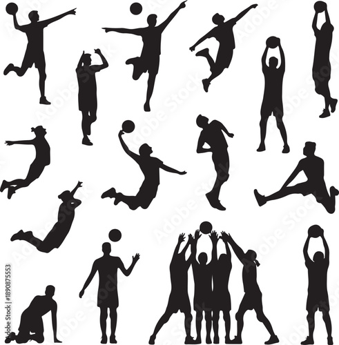 black silhouettes of people playing basketball in various poses on white background