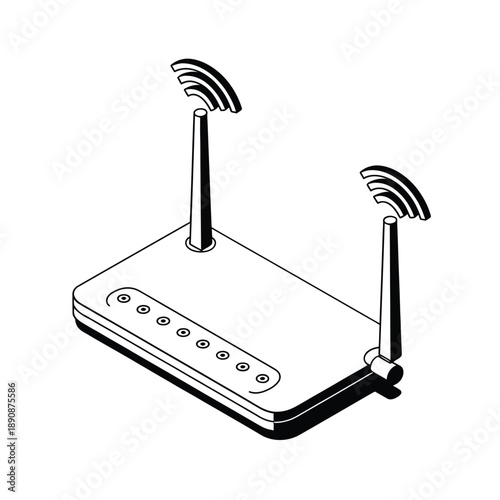 Minimal router vector illustration with signal icons for internet connection, smart home automation, network security training, broadband service marketing design