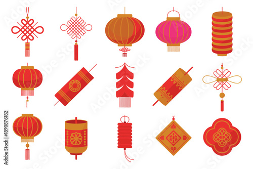 Lunar new year hanging lanterns, firecrackers, knot charms vector icons set for asian spring festival decoration, poster, invitation design