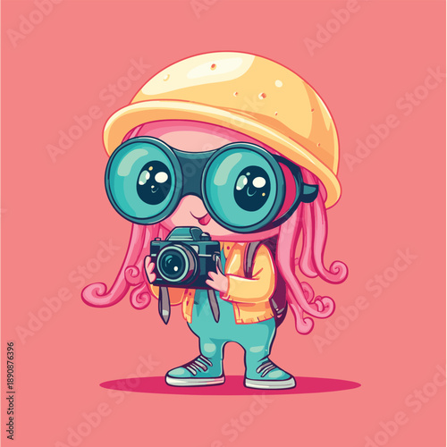 Playful Jellyfish Photographer with Goggles , vector style simple color