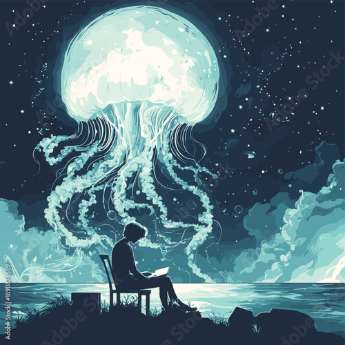 Surreal Illustration of a Writer with a Jellyfish Inspiration , vector style simple color