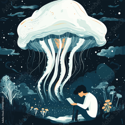 Surreal Illustration of a Writer with a Jellyfish Inspiration , vector style simple color