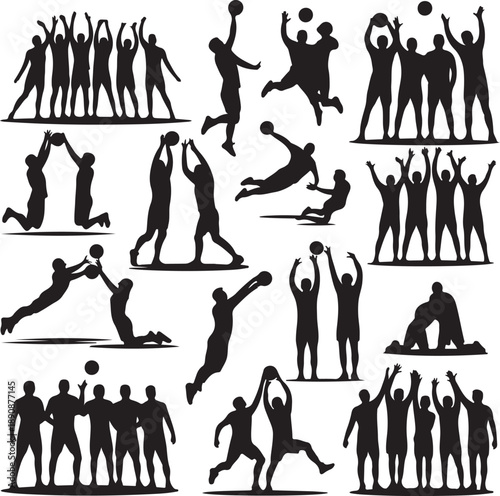 Black silhouettes of people playing volleyball in various poses