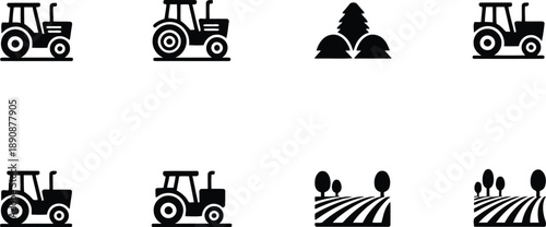 A collection of farm and agriculture themed black and white icons featuring tractors and natural elements