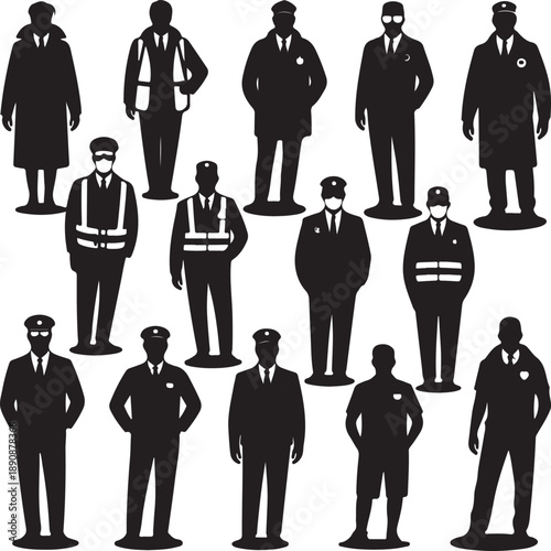 black silhouettes of various people in different professions standing  isolated on white background