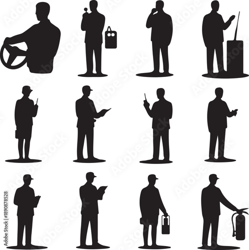 black silhouettes of various people performing different actions on white background