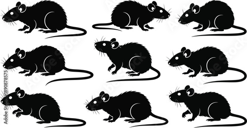 A collection of nine black rat silhouettes standing and facing left on a clean white background