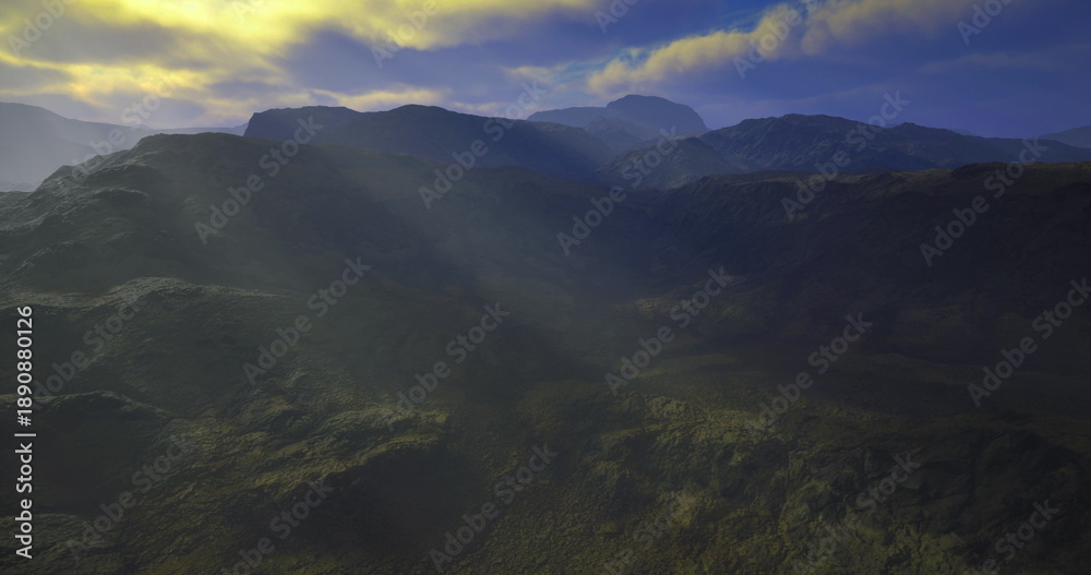 Fototapeta premium golden rays piercing rugged valley floor with warm sunlight highlighting vegetation and rocky slopes, ideal for ecology fieldwork and conservation storytelling,