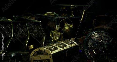 Billede på lærred Golden treasure chest surrounded by artifacts, opulent jewelry, aged coins and o