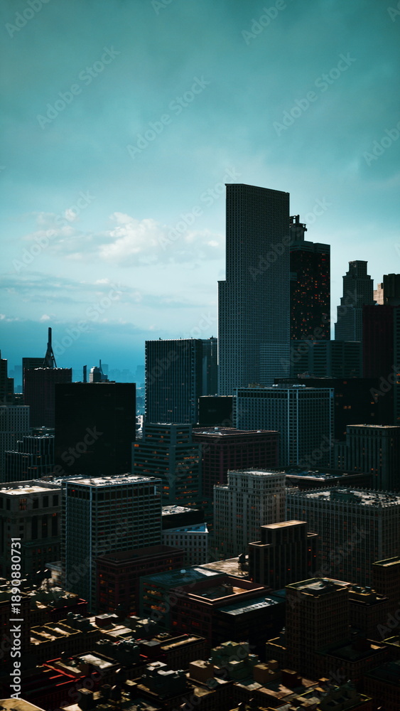 Fototapeta premium Distant skyline along harbor under teal dawn sky with calm waterfront, misty atmosphere and layered buildings form soft silhouette, cinematic cool tones