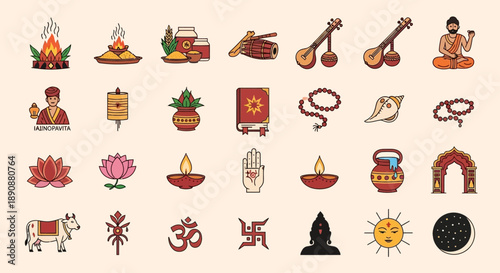 A comprehensive collection of Hindu and Indian cultural icons and religious symbols, featuring deities, ritual objects, and traditional elements.
