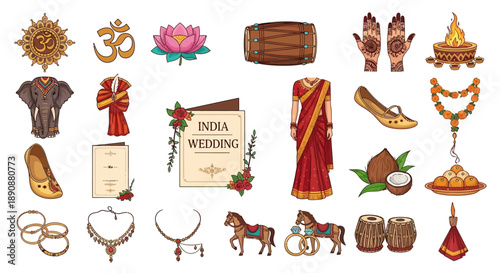 A comprehensive collection of traditional Indian wedding and cultural elements including religious symbols, attire, jewelry, musical instruments, and ceremonial items.