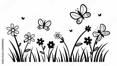 Butterflies flutter around vibrant flowers in lush meadow scene