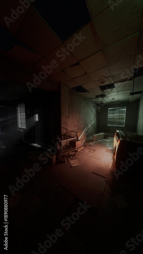 Konstfotografi shadowed emergency room with orange and green light, overturned chairs and scatt
