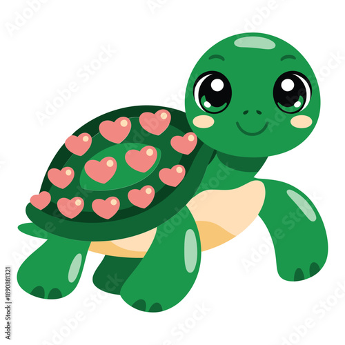 Valentines turtle character, green shell with hearts, kids classroom exchange sticker, love day party session graphic, cute animal vector