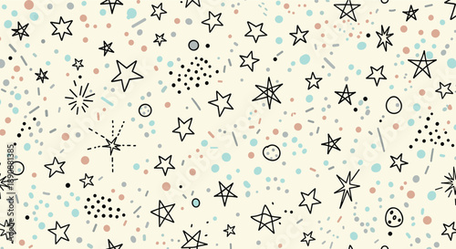 Playful seamless pattern with hand drawn stars, circles, and dots in black and pastel colors on a cream background for nursery design.