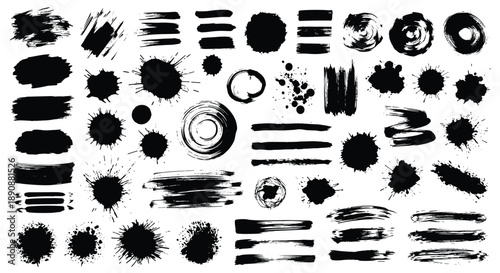 Comprehensive collection of hand painted black ink brush strokes, splatters, stains, and circles for artistic graphic design elements.