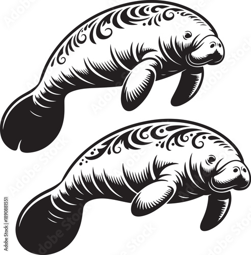 manatees with tribal tattoo designs on bodies