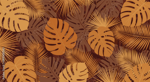 Tropical seamless pattern featuring various monstera and palm leaves in a warm palette of brown, tan, and orange colors for exotic decor.