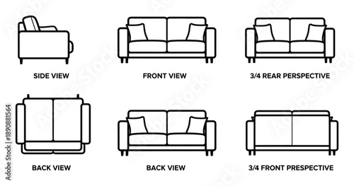 Sofa design in different views line art for design element with furniture or interior design