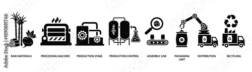 Sugar production stages vector black glyph icons set from raw materials to packaging unit