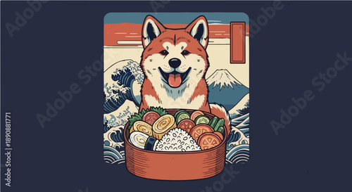 Happy Shiba Inu Dog with Bento Box and Japanese Landscape Background - Vintage Style Ukiyo-e Illustration