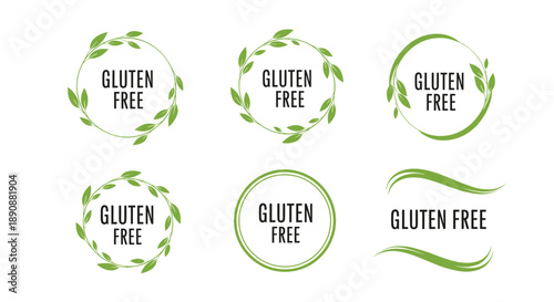 Set of green gluten free labels decorated with delicate leaf wreaths and circular frames for healthy food packaging and branding.