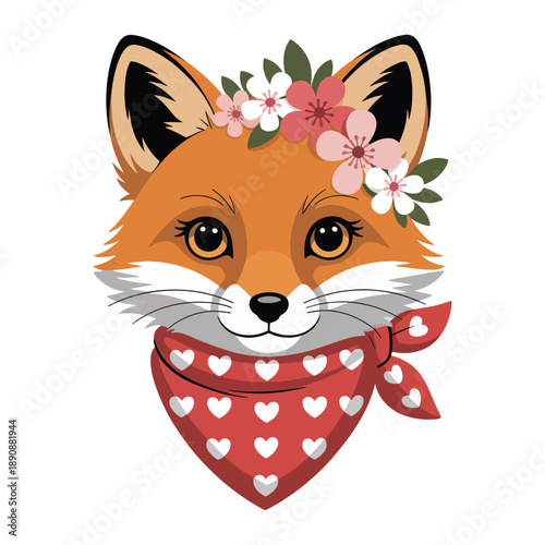 Floral fox head with wreath and scarf, woodland vector for baby shower invite, birthday party, camping theme, kids room design