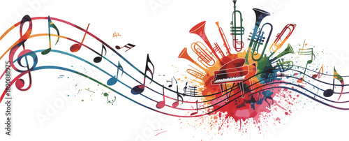 Colorful musical notes and instruments bursting from paint splash, perfect for music creativity, artistic inspiration, performance, sound expression