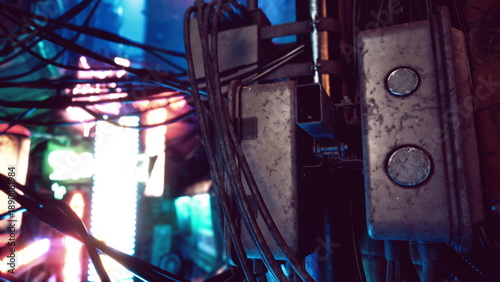 Billede på lærred tangled cables around electrical junction box with neon reflections, exposed wir