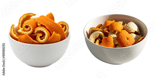 Aromatic dried orange peels in two bowls isolated on a transparent background