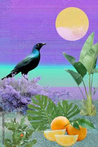 a collage of an iridescent bird eating oranges, tropical plants, and neon sun