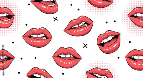 Seamless pattern of comic style female lips with red lipstick and white teeth on a white background with dots and crosses.