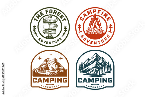 forest signpost, campfire flames, camping tent, mountain landscape retro badge logo design set for outdoor campsite, adventure, exploration, survival. Vector illustration