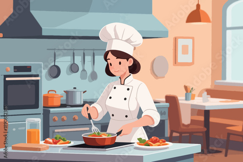 Illustration Of A Female Chef Wearing A Chef's Uniform Serving Food Vector Design Template