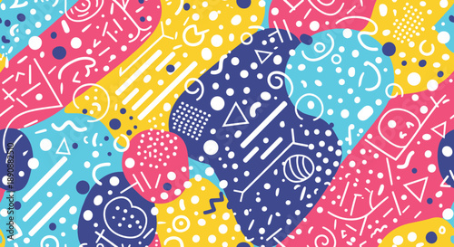 Vibrant abstract pattern with colorful blobs, dots, and geometric shapes like triangles and squiggles for a playful design.