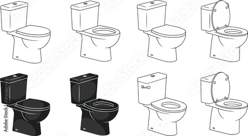 Set of eight toilet illustrations in various lid and seat positions, black-and-white sketch for bathroom design, icon, layout reference