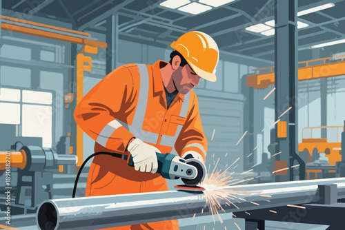 Illustration Of A Long Pipe That Will Be Cut By A Worker Wearing Safety Clothing Vector Design Template