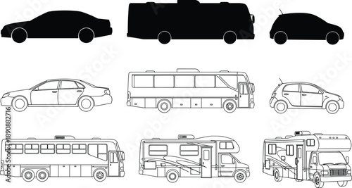 Set of nine vehicle illustrations including sedan, bus, compact car, RVs, black-and-white sketch for transport design, layout reference