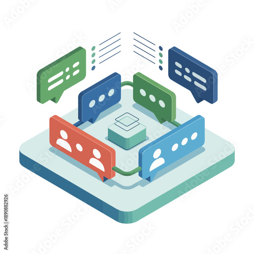 Omnichannel messaging platform, social chat bubbles, customer support dashboard, community engagement, feedback management, marketing communication, user conversation interface, vector illustration