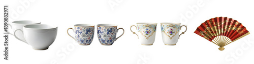 Elegant collection of assorted porcelain cups and a red fan on a transparent background