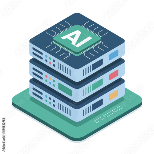 AI processor and server stack, cloud compute infrastructure, big data storage, scalable platform, isometric technology hardware vector illustration design