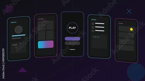 "A high-contrast dark-themed mobile UI layout for a gaming application. The visual mood is sleek and futuristic featuring a vibrant neon palette of cyan and magenta against charcoal black. 