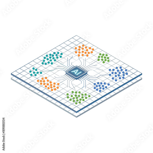Internet of things mesh network on chip, tech expo illustration, edge devices grid, sensor nodes, connectivity workshop session banner graphic