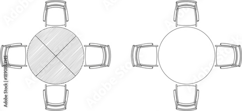 Top-down view of circular tables with chairs, divided and plain surfaces, ideal for seating layout, design, symmetry concept