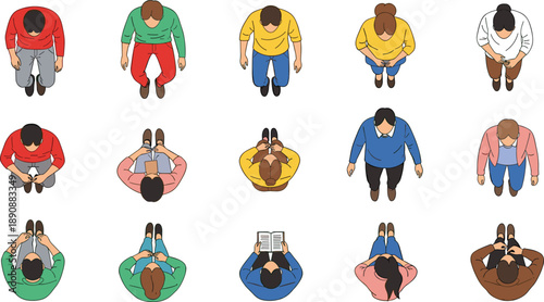 Top-down view of sixteen diverse people in various poses, ideal for spatial planning, design, animation, architectural layout reference
